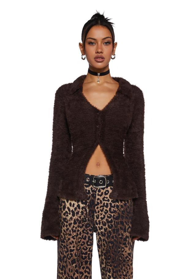 Faux Fuzzy Mohair Collared Long Sleeve Top - Brown Product Image