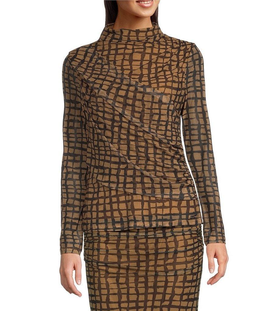 Calvin Klein Knit Abstract Printed Ruched Mesh Mock-Neck Long Sleeve Coordinating Top Product Image