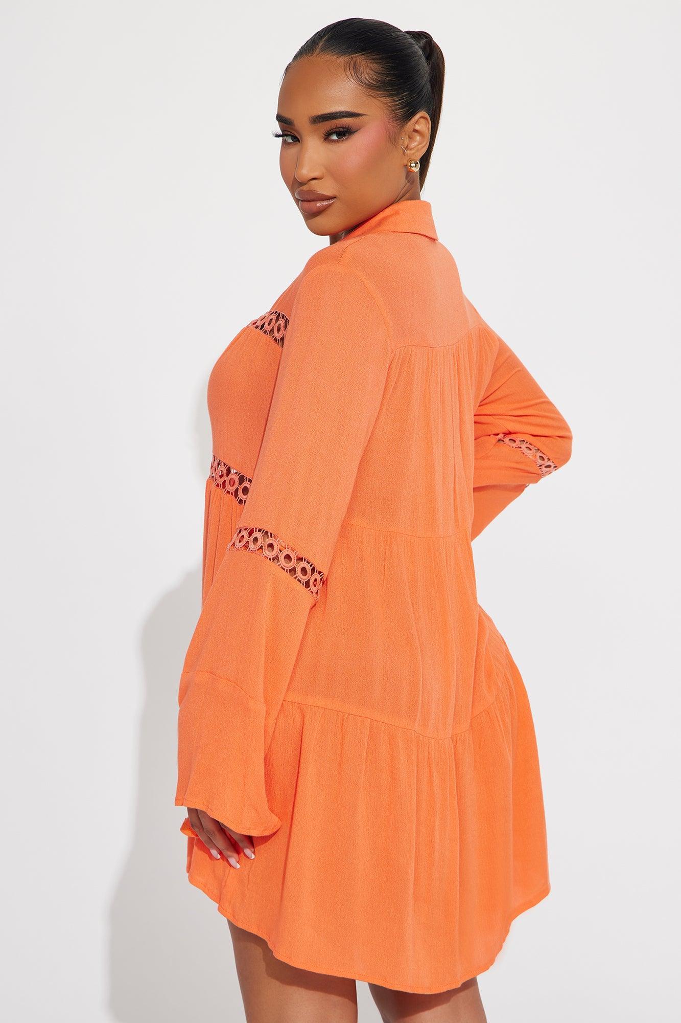 Breezy Paradise Linen Circle Cover Up Shirt Dress - Orange Product Image