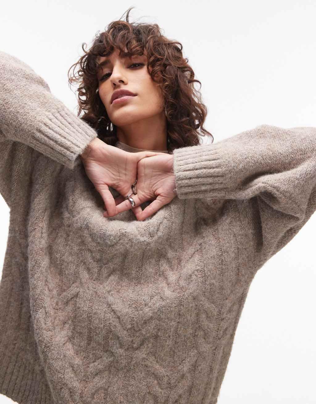 Topshop knit fluffy oversized cable sweater in oat Product Image