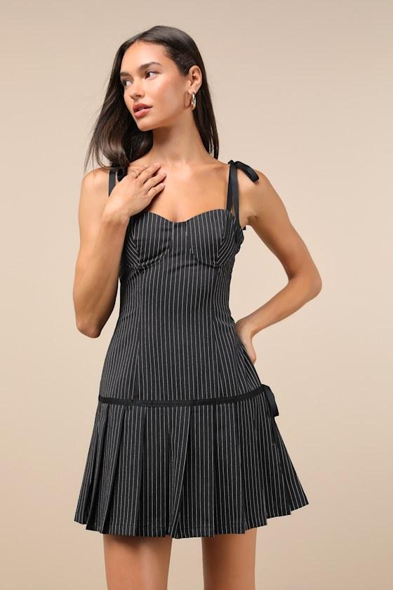 Posh Flirtation Black Pinstriped Tie-Strap Drop-Waist Mini Dress Product Image