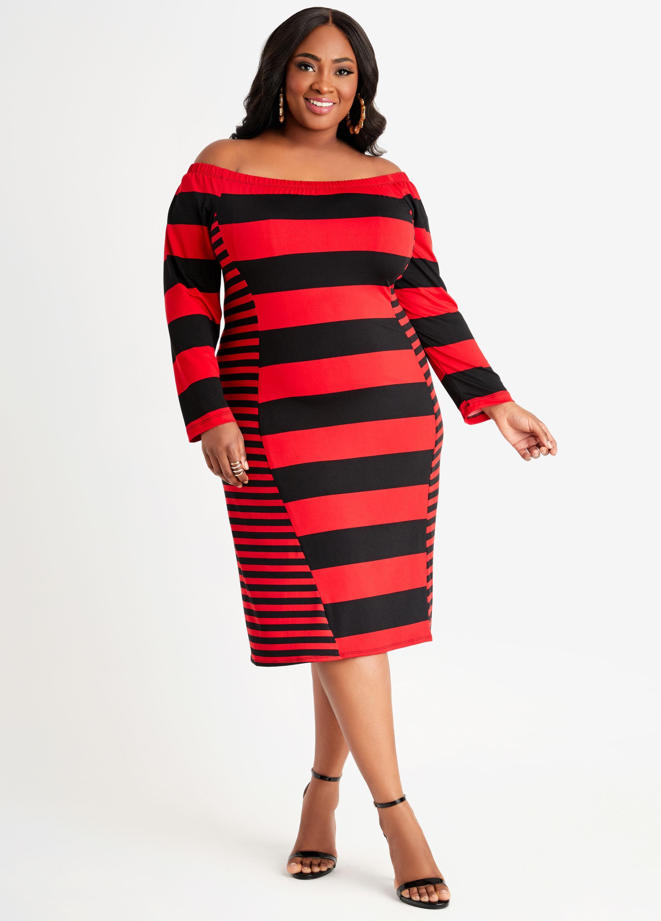 Plus Size Mixed Stripe Illusion Midi Dress Ashley Stewart Product Image