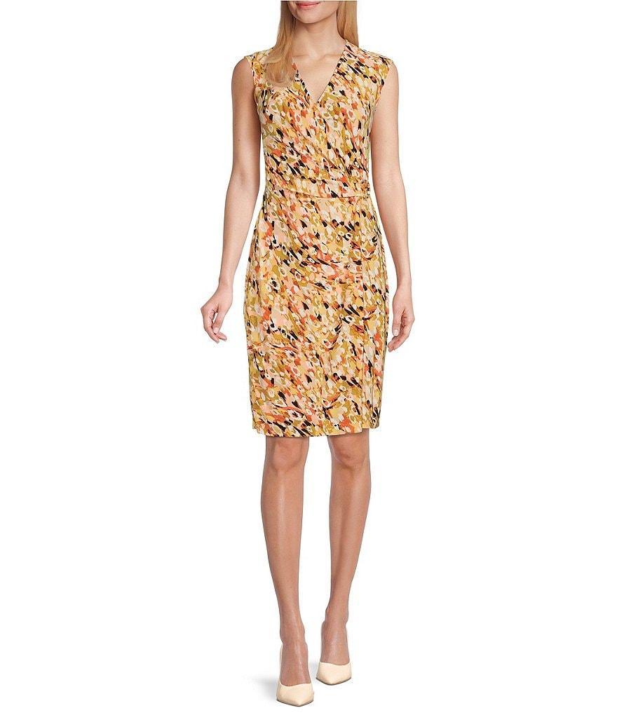 Kasper Abstract Printed Sleeveless Surplice V-Neck Faux Wrap Ruched Ring Pencil Dress Product Image