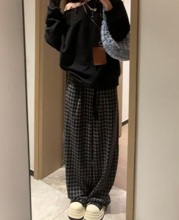 High Rise Plaid Wide Leg Pants Product Image