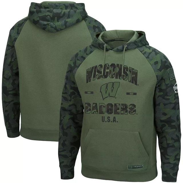 Mens Colosseum Olive/Camo Wisconsin Badgers OHT Military Appreciation Raglan Pullover Hoodie Product Image