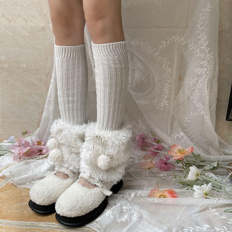 Pom Pom Fleece Panel Ribbed Knit Leg Warmers (Various Designs) Product Image