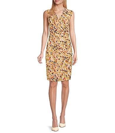 Kasper Abstract Printed Sleeveless Surplice V-Neck Faux Wrap Ruched Ring Pencil Dress Product Image