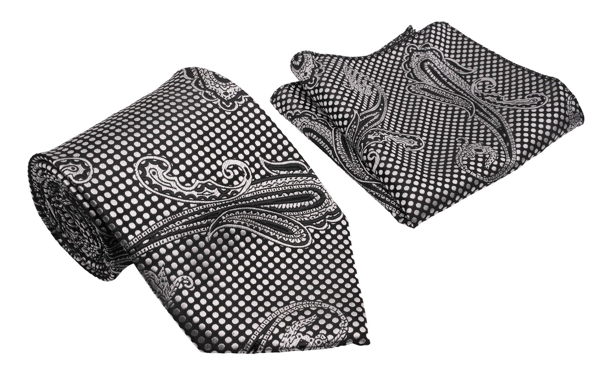 Black Silver Dots Paisley Pattern Men's Classic Tie and Pocket Square Set Male Product Image