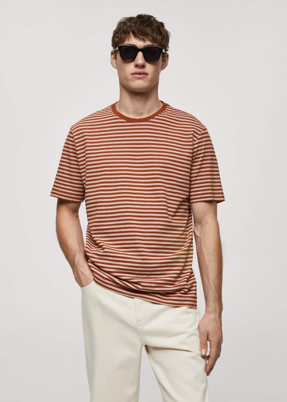 MANGO MAN - Striped cotton linen-blend T-shirt burnt orangeMen Product Image