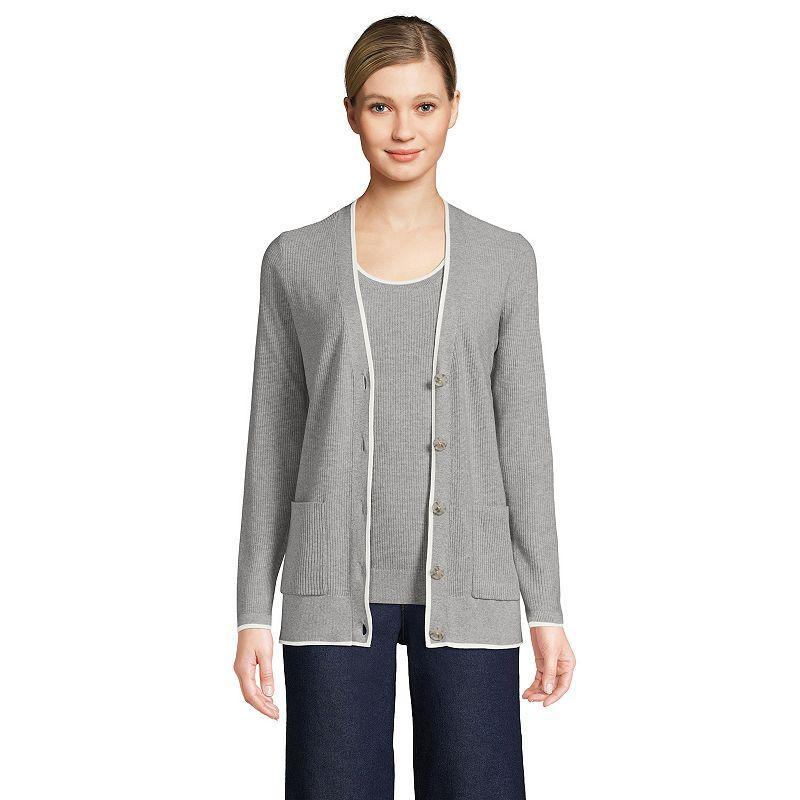 Womens Lands End Fine Gauge Cotton Cardigan & Tank Top Sweater Set Twlght Grey Ivory Product Image