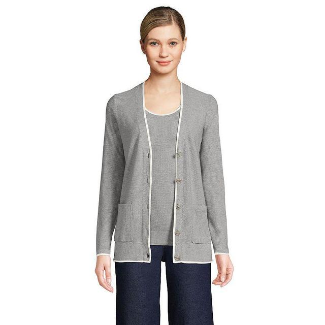 Womens Lands End Fine Gauge Cotton Cardigan & Tank Top Sweater Set Twlght Grey Ivory Product Image