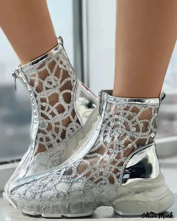 Olivia Mark – Zip design boots with contrast sequin mesh patch Product Image