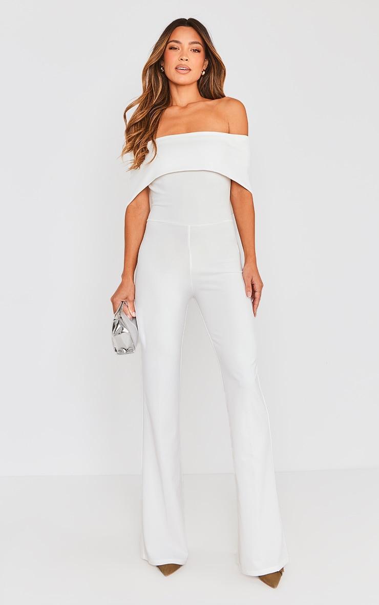 Off White Off Shoulder Lace Up Back Jumpsuit Product Image