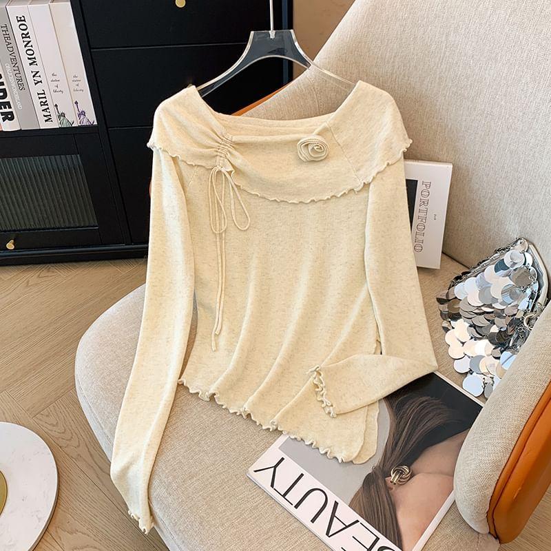 Long-Sleeve Off Shoulder Plain Flower Detail Knit Top Product Image