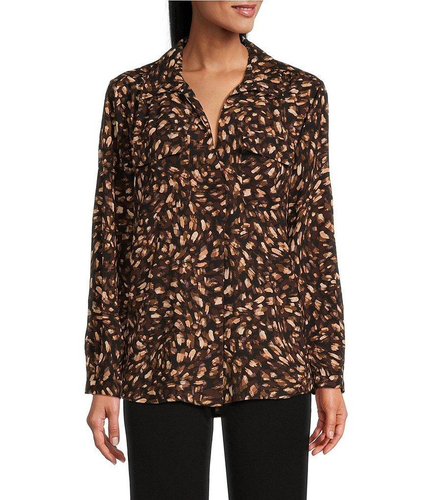 Investments Abstract Printed Woven Long Sleeve V-Neck One Button Closure Blouse Product Image