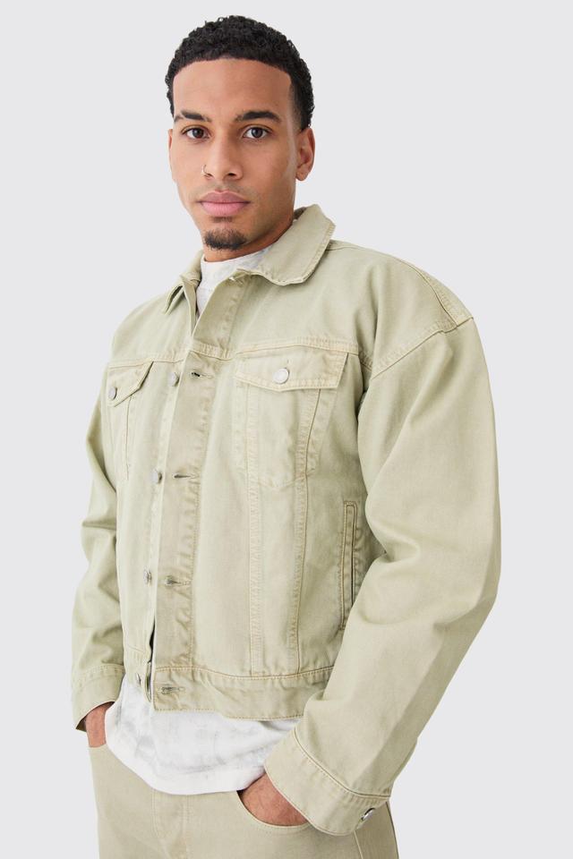 Mens Green Boxy Fit Overdyed Denim Jacket, Green Product Image