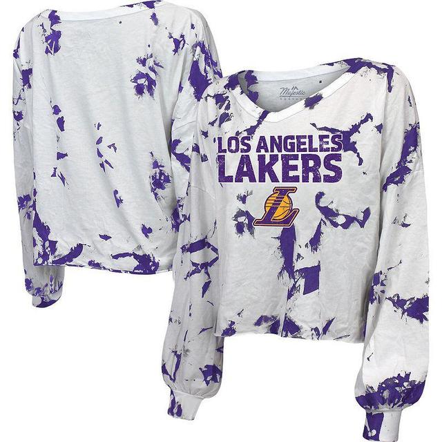 Womens Majestic Threads Los Angeles Lakers Aquarius Tie-Dye Cropped V-Neck Long Sleeve T-Shirt Product Image