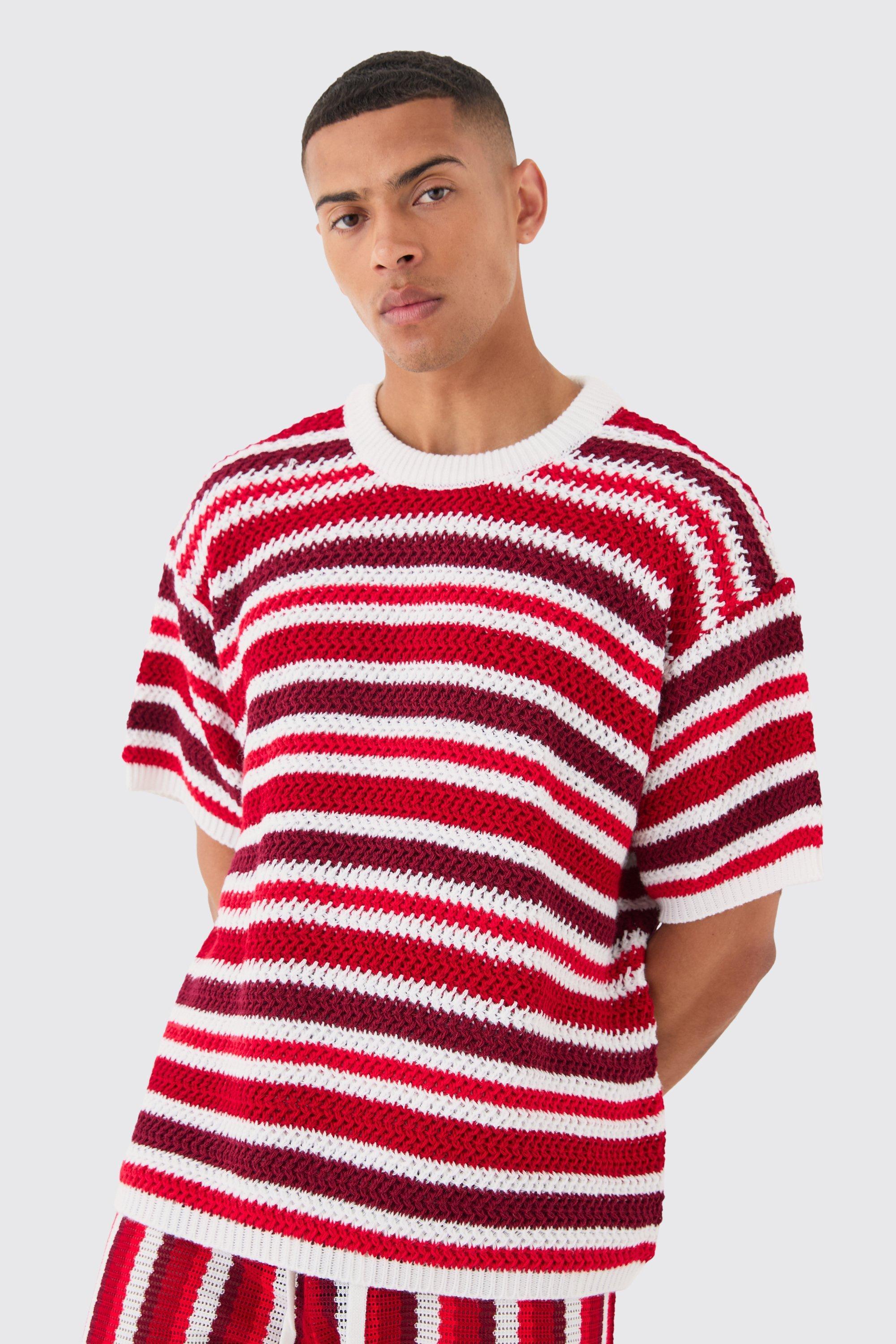 Mens Oversized Stripe Knitted T-shirt In White, White Product Image