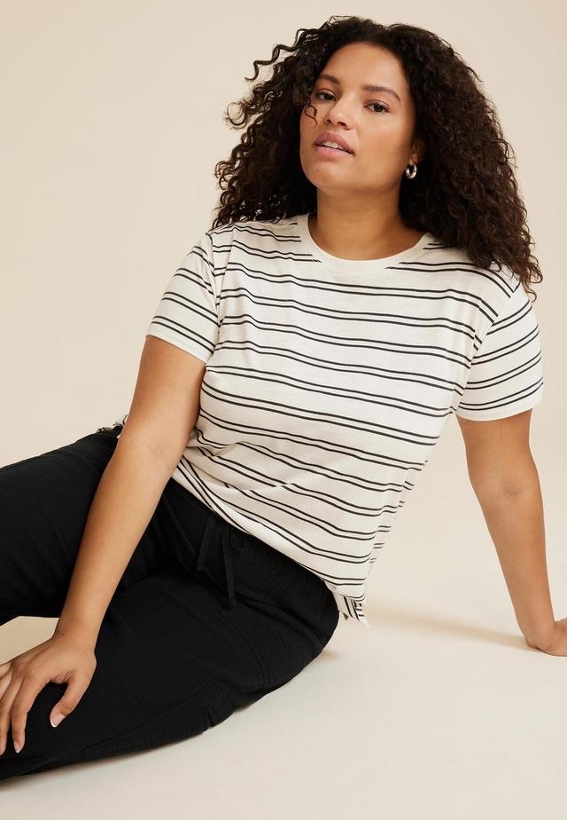 Maurices 1X Plus Size Womens 24/7 Dawson Striped Crew Neck Tee White Product Image