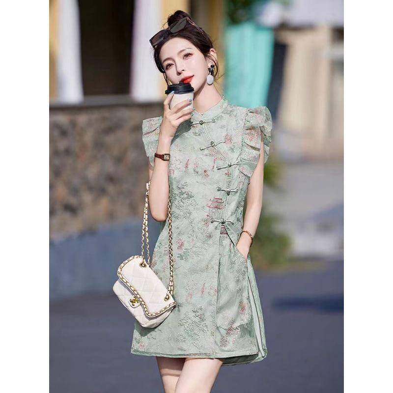 Set: Sleeveless Band Collar Floral Mini A-Line Dress + Shorts Product Image