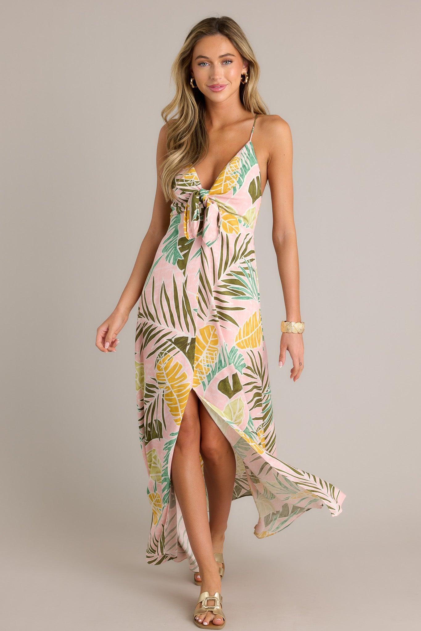 Palm Haven Light Pink Tropical Print Maxi Dress Product Image