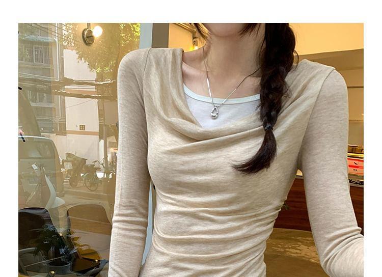 Long Sleeve Cowl Neck Mock Two Piece Color-Block Slim-Fit Top Product Image