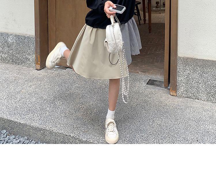 Crew Neck Mock Two-Piece Asymmetrical Striped Panel Drawstring Sweatshirt Dress Product Image