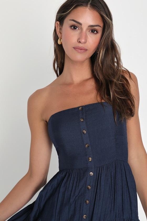 Sweetness and Sunshine Navy Strapless Midi Dress With Pockets Product Image