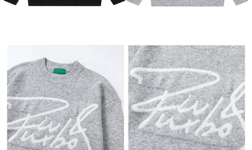 Long-Sleeve Crew Neck Lettering Sweater Product Image