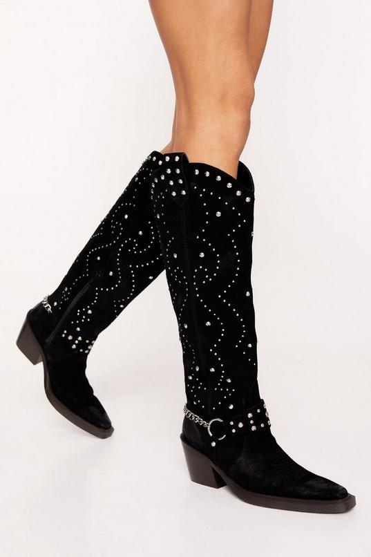 Suede Studded Harness Knee High Cowboy Boots product image