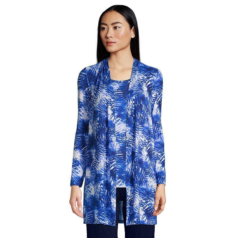 Petite Lands End Lightweight Long Cardigan Sweater, Womens Blue Tie Dye Plaid Product Image