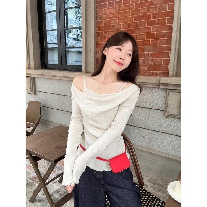 Mock Two-Piece Long-Sleeve Cold Shoulder Plain Knit Top Product Image