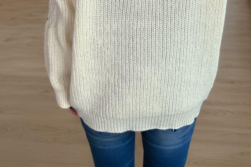 Crew Neck Plain Cable Knit Toggle Cardigan Product Image