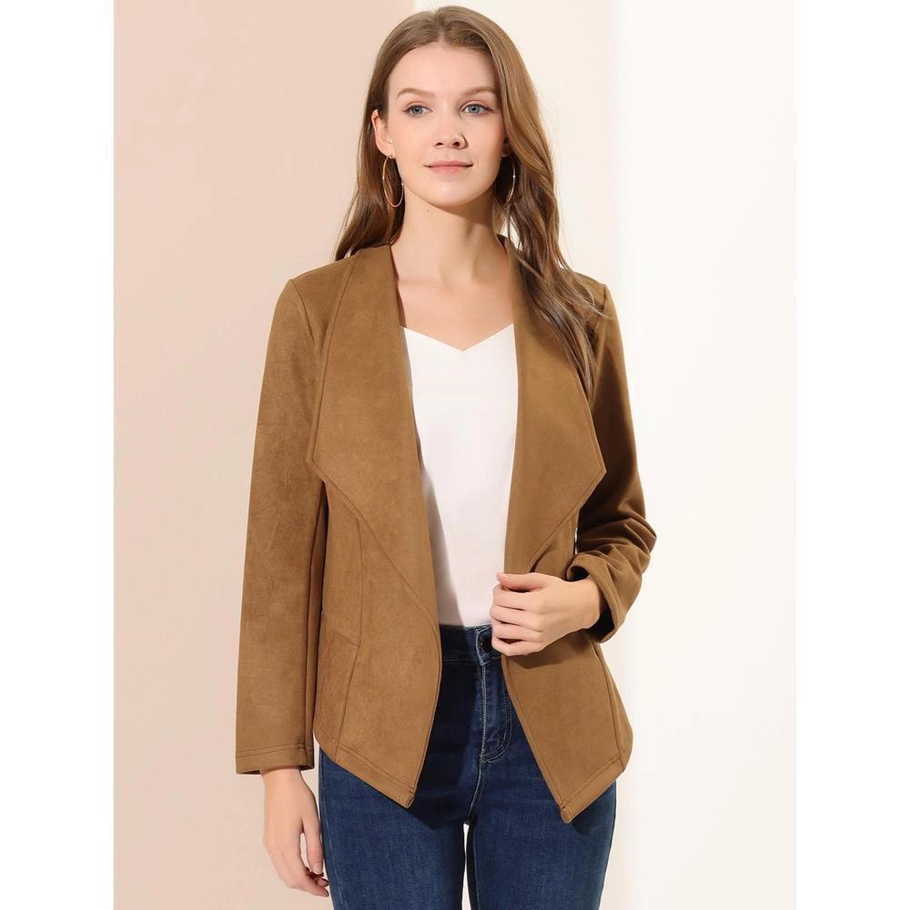 Allegra K Women's Faux Suede Lapel Draped Outwear Open Front Jacket Brown Large Product Image