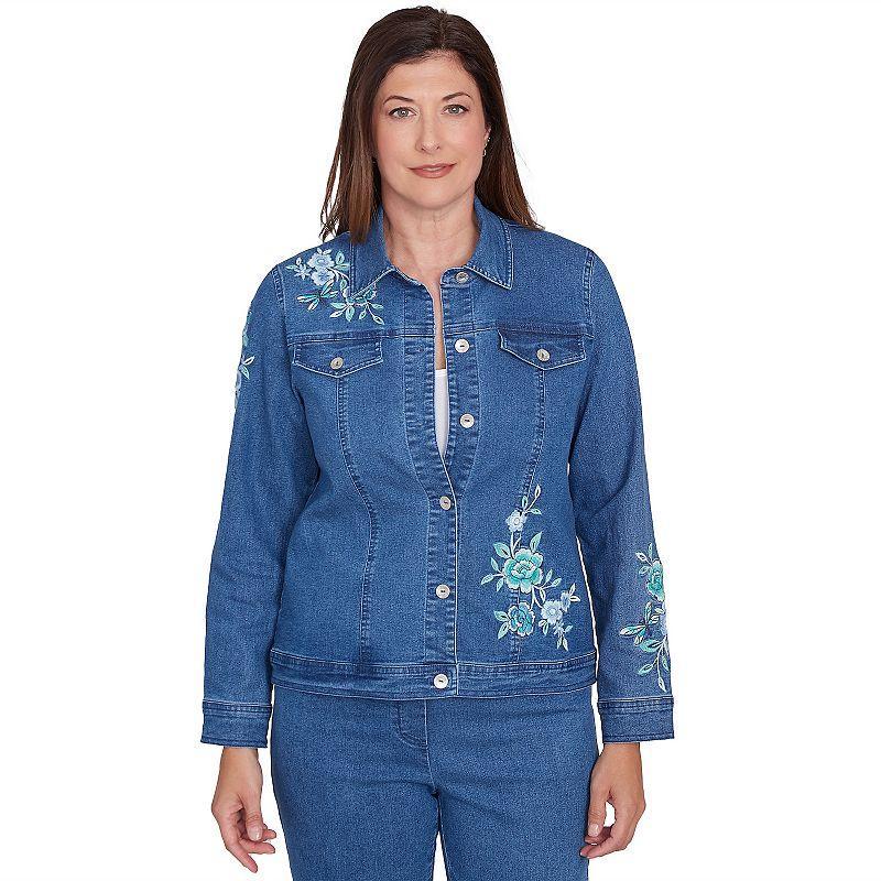 Womens Alfred Dunner Floral Embroidered Denim Jacket Medium Blue Product Image