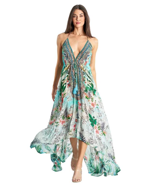 La Moda Clothing Womens Maxi Boho Art Halterneck Dress - Light aquamarine Product Image