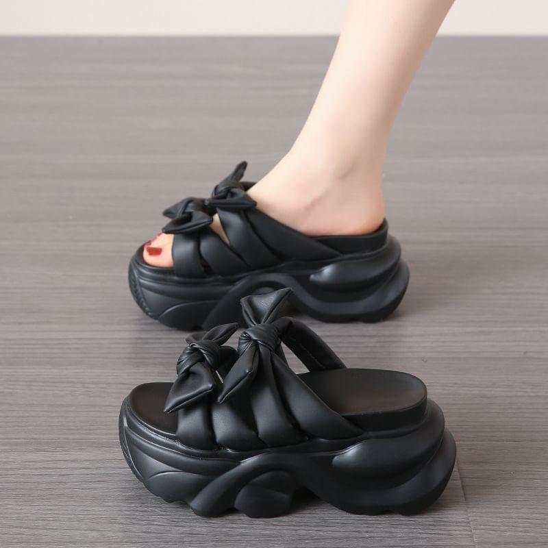 Platform Plain Bow Accent Faux Leather Sandals Product Image