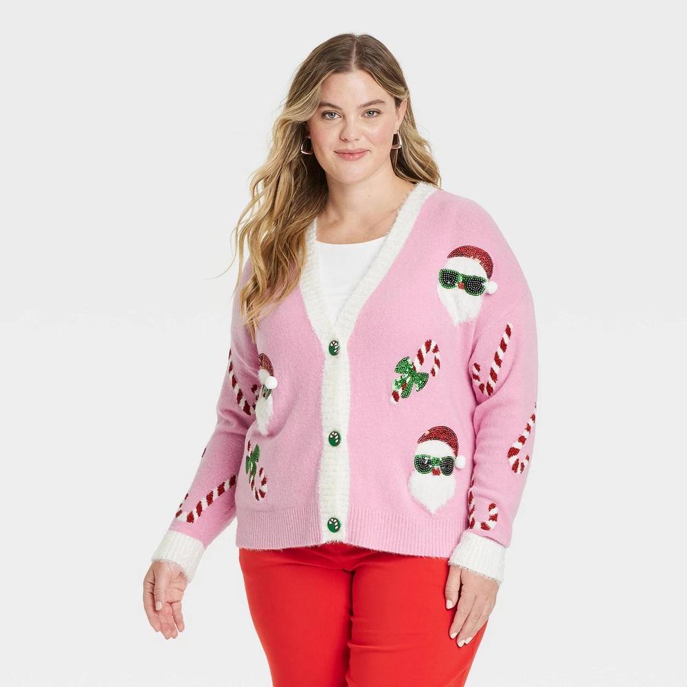 Women's Santa Print Christmas Festive Graphic Cardigan - Pink L Product Image