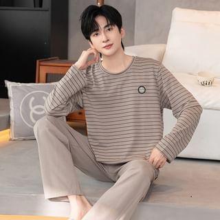 Pajama Set: Long-Sleeve Round Neck Striped T-Shirt + Plain Pants Product Image