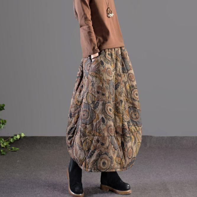 High Waist Floral Print A-Line Cotton Linen Skirt Product Image