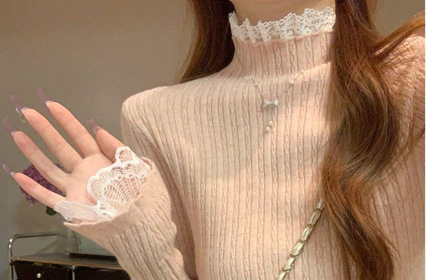 Long-Sleeve Mock Neck Lace Trim Ribbed Knit Top Product Image