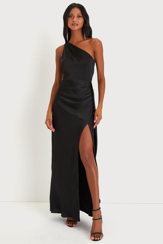 Signature Elegance Black Satin One-Shoulder Maxi Dress Product Image