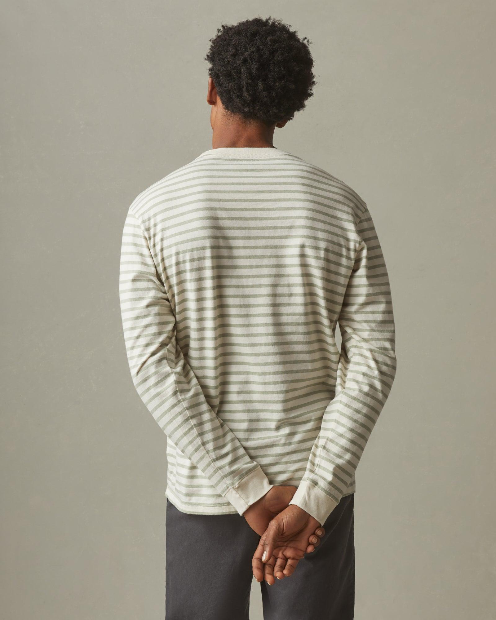 Striped Classic Cotton Crew Tee Long Sleeve - Turtledove/Eucalyptus  Product Image