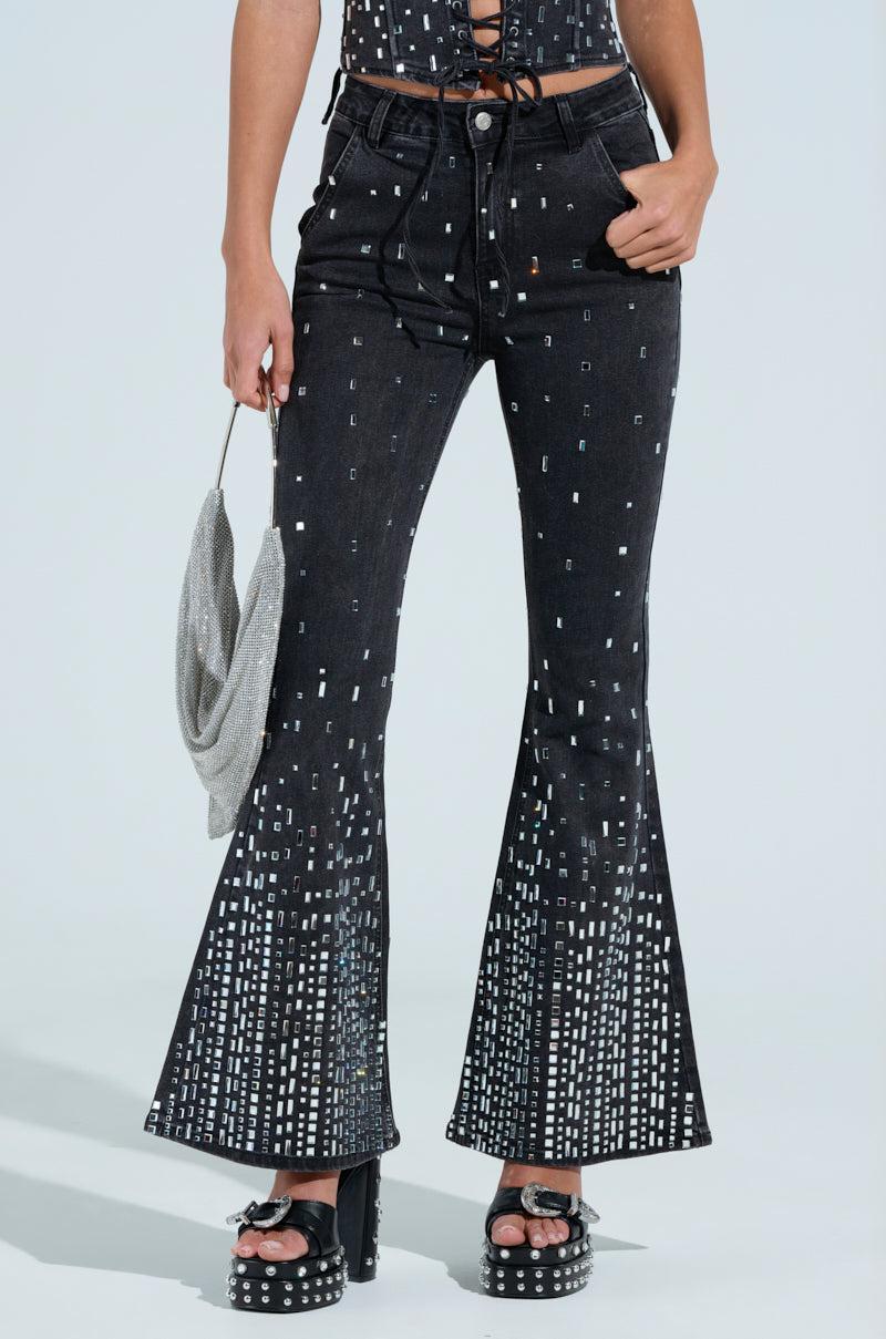 POPSTAR BLACK DENIM PANT WITH RHINESTONE Product Image