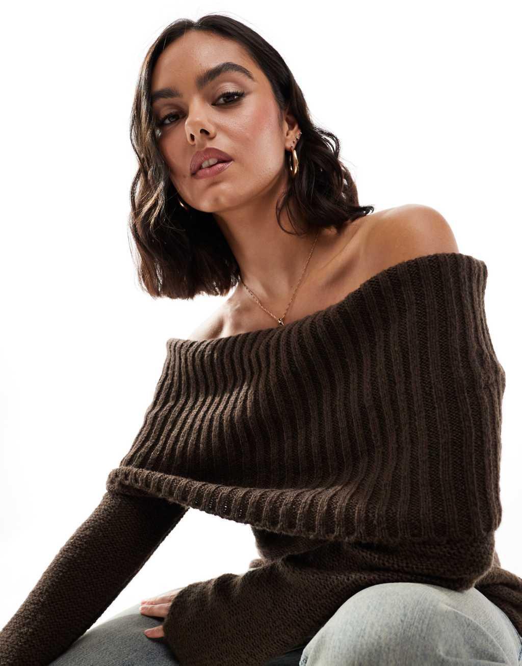 ASOS DESIGN chunky bardot rib sweater in chocolate Product Image