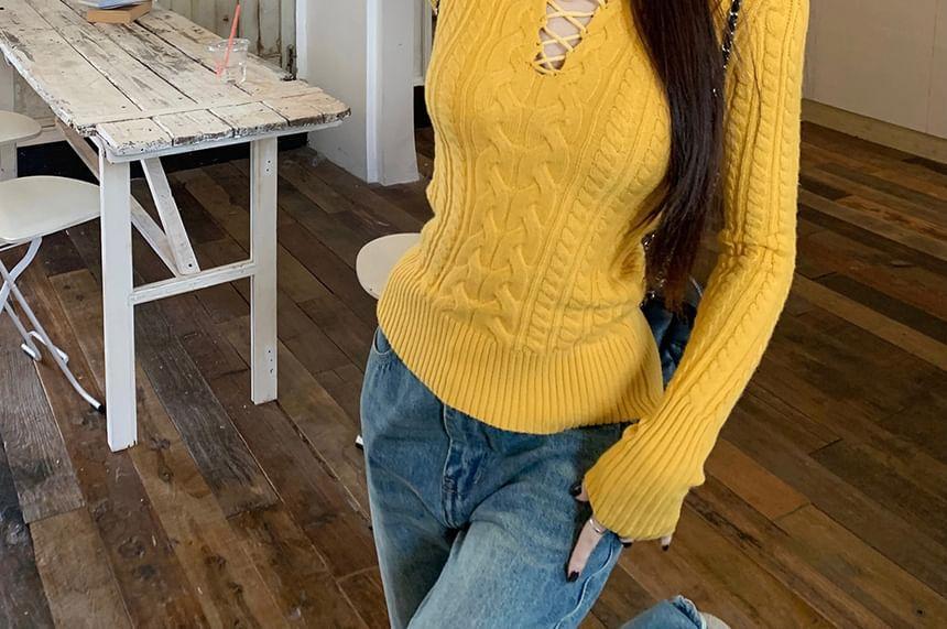 Long-Sleeve Crew Neck Plain Cutout Cable Knit Slim Fit Top Product Image