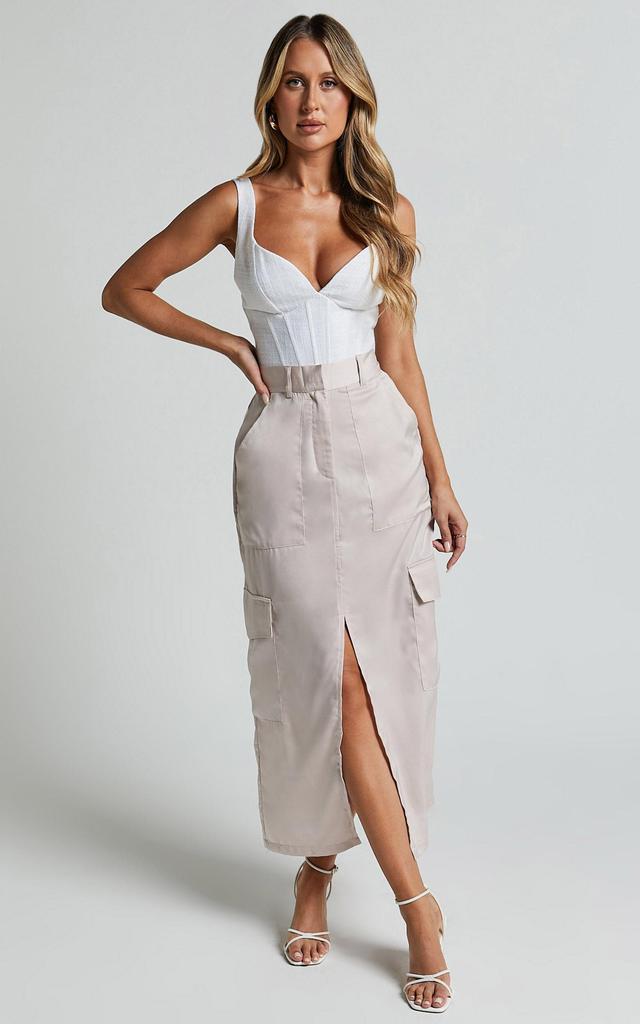 Mariya Midi Skirt - High Waisted Front Split Cargo Skirt in Pearl Product Image