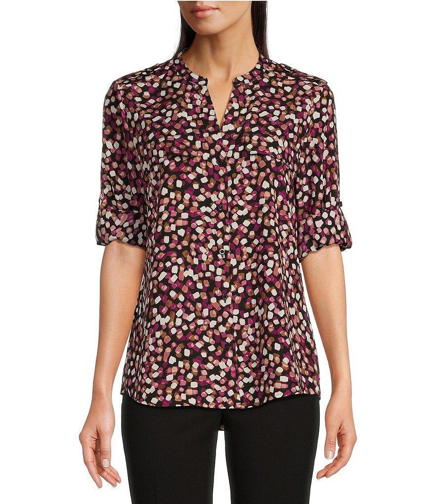 Calvin Klein Abstract Dot Printed Split V Neckline Roll Tab Long Sleeve Blouse Product Image