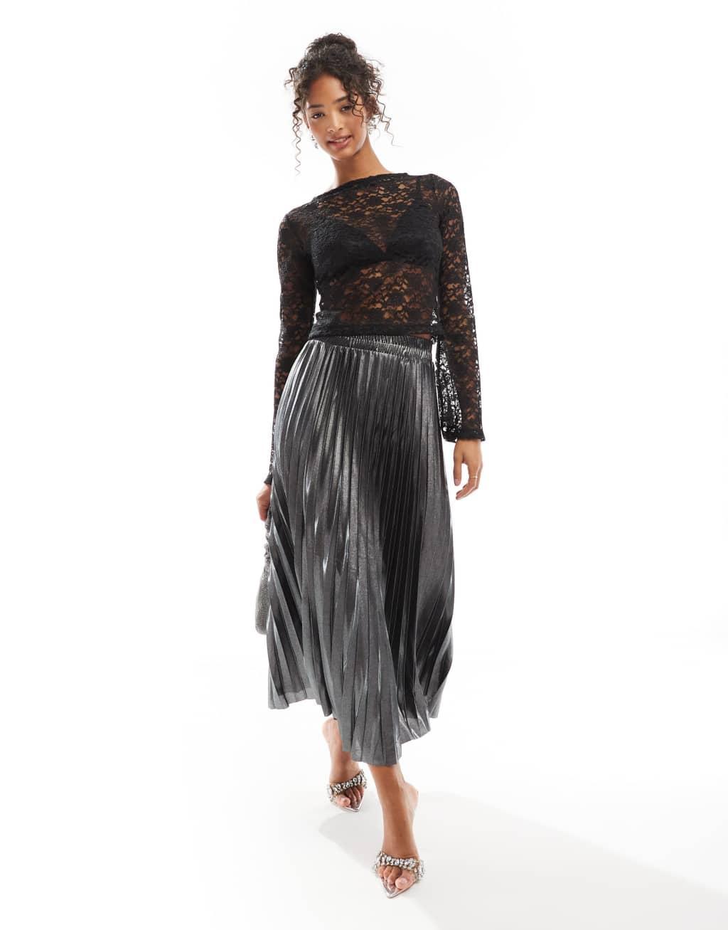 ONLY pleated maxi skirt in gray metallic Product Image