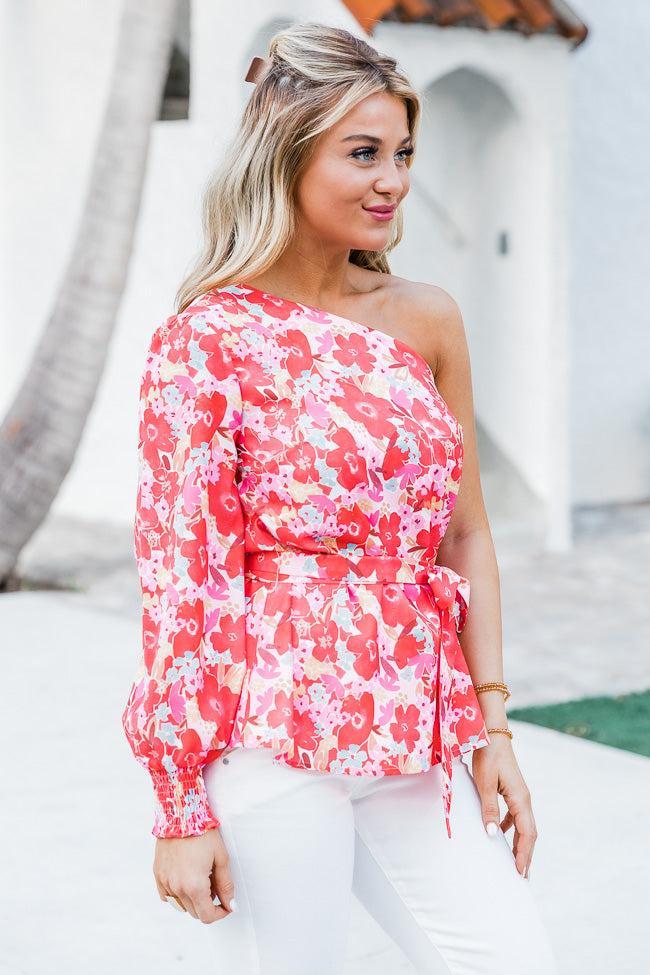 Destination Unknown One Shoulder Blouse in Watercolor Red Floral Print FINAL SALE Product Image